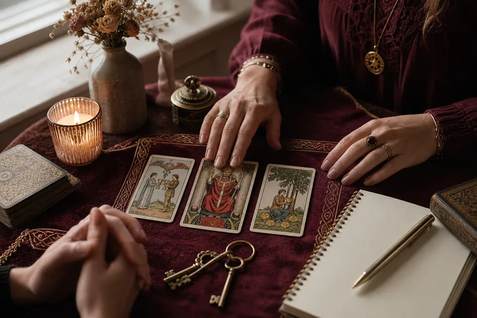 Consulta de tarot con cartas sobre una mesa