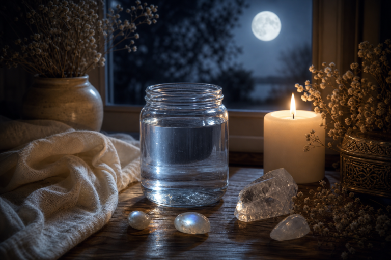 Jarra de Agua de Luna bajo luz lunar con vela y cuarzos