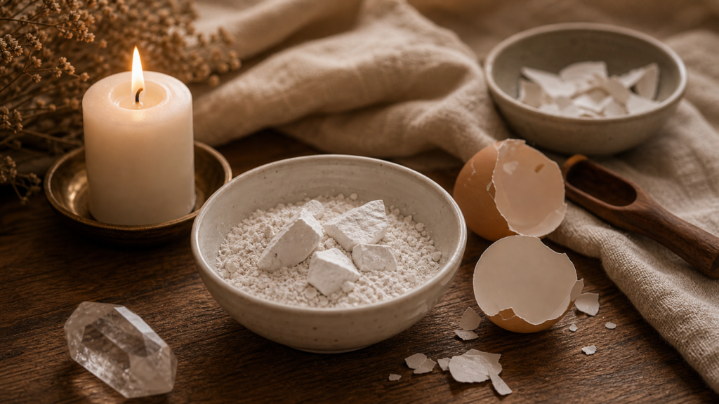 Cascarilla blanca en polvo con vela y cascaras de huevo limpias