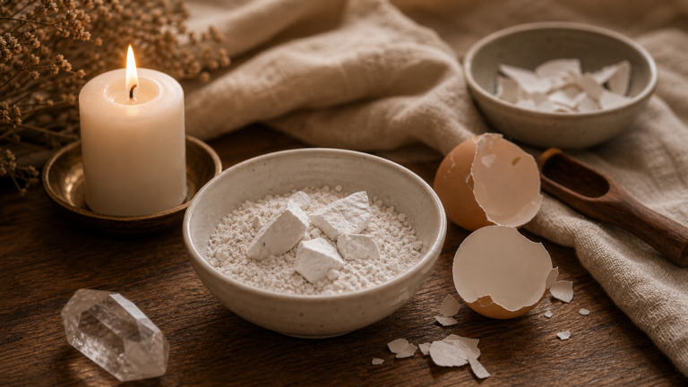 Cascarilla blanca en polvo con vela y cascaras de huevo limpias