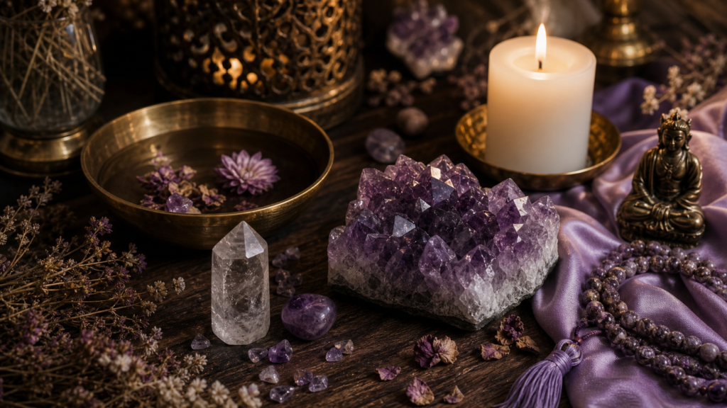 Bodegon ritual realista con amatista, cuarzo y vela blanca para trabajar el chakra corona Sahasrara