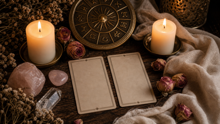 Mesa ritual realista con rueda zodiacal, velas y cuarzo rosa para compatibilidad amorosa