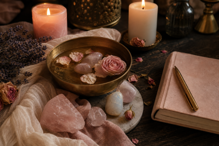 Bodegon ritual realista con cuarzo rosa, velas y cuenco de agua para trabajar la energia femenina
