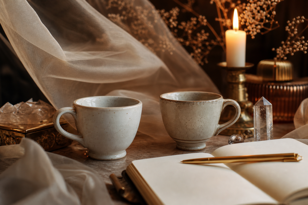 Bodegon astrologico sobre Geminis y su doble naturaleza con dos tazas vela y libreta