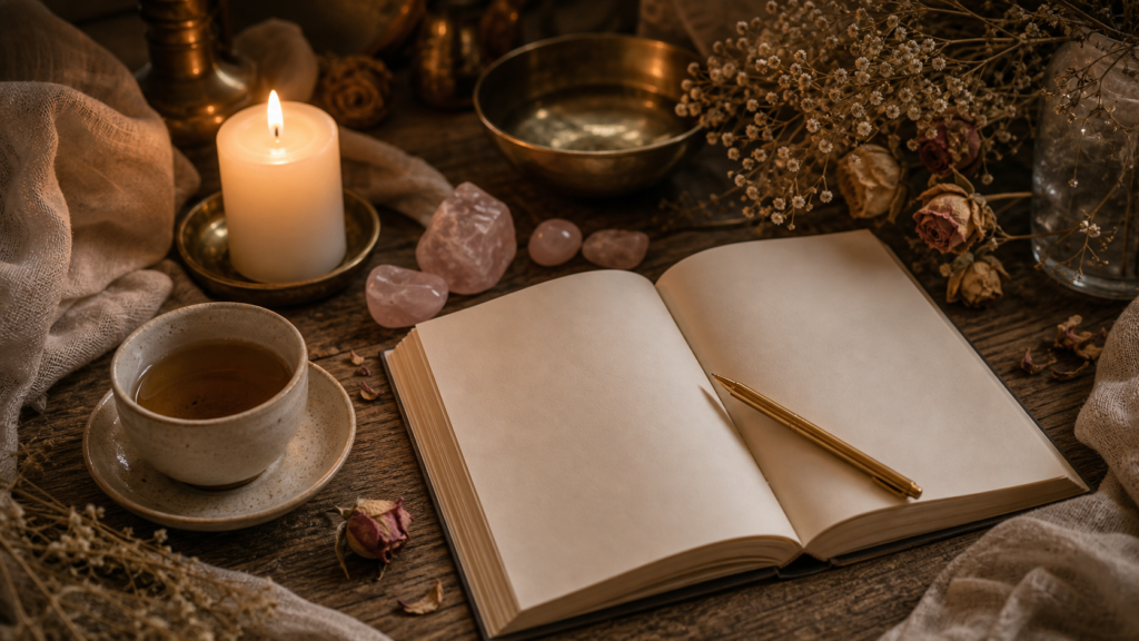 Diario de gratitud realista con vela, cuarzo rosa y luz calida para practicar agradecimiento