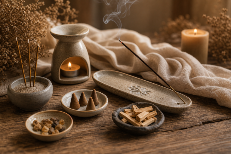 Varitas, conos y resinas de incienso sobre una mesa ritual