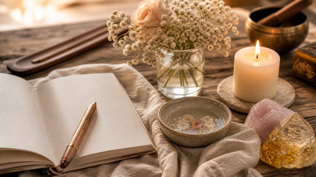 Mesa de meditacion con diario vela cuarzos y agua para afirmaciones