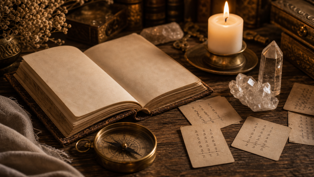 Libro de numerologia con vela cuarzo y numeros en mesa ritual