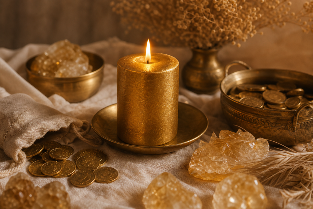 Vela dorada encendida en mesa ritual con citrino monedas discretas y lino natural