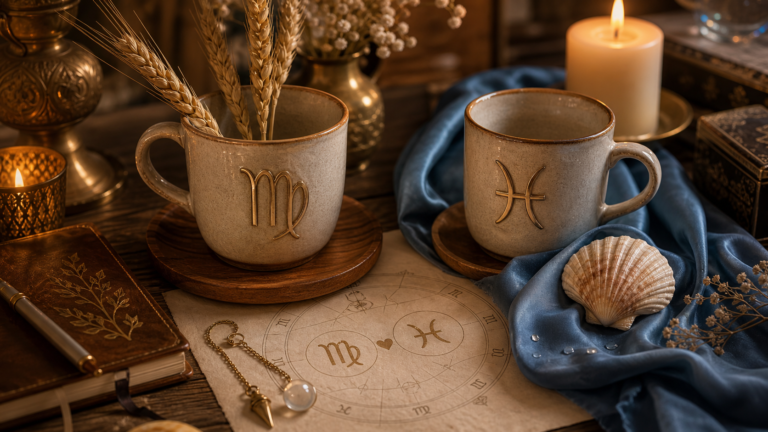 Bodegon astrologico de compatibilidad entre Virgo y Piscis con vela trigo y concha