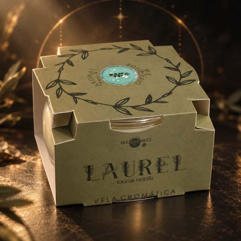 Vela Cromática de Laurel Euroscents: vista frontal del envase sobre una base oscura.