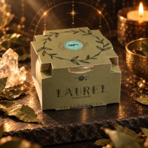 Vela Cromática de Laurel Euroscents: envase junto a una iluminación cálida y hojas decorativas.