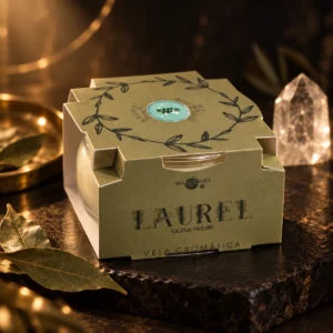 Vela Cromática de Laurel Euroscents: envase con iluminación lateral cálida.