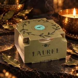Vela Cromática de Laurel Euroscents: envase en una composición de tonos dorados.