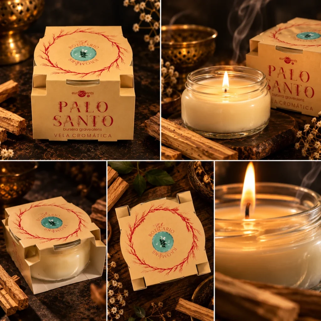 Vela Cromática de Palo Santo Euroscents: collage de vistas del envase y del recipiente de cristal en una composición de tonos cálidos.