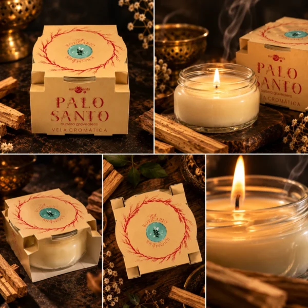 Vela Cromática de Palo Santo Euroscents: collage de vistas del envase y del recipiente de cristal en una composición de tonos cálidos.