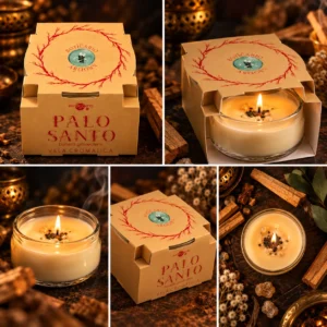 Vela Cromática de Palo Santo Euroscents: collage de vistas del envase y del recipiente de cristal en una composición de tonos cálidos.
