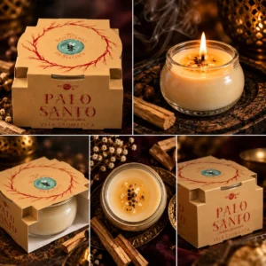 Vela Cromática de Palo Santo Euroscents: collage de vistas del envase y del recipiente de cristal en una composición de tonos cálidos.