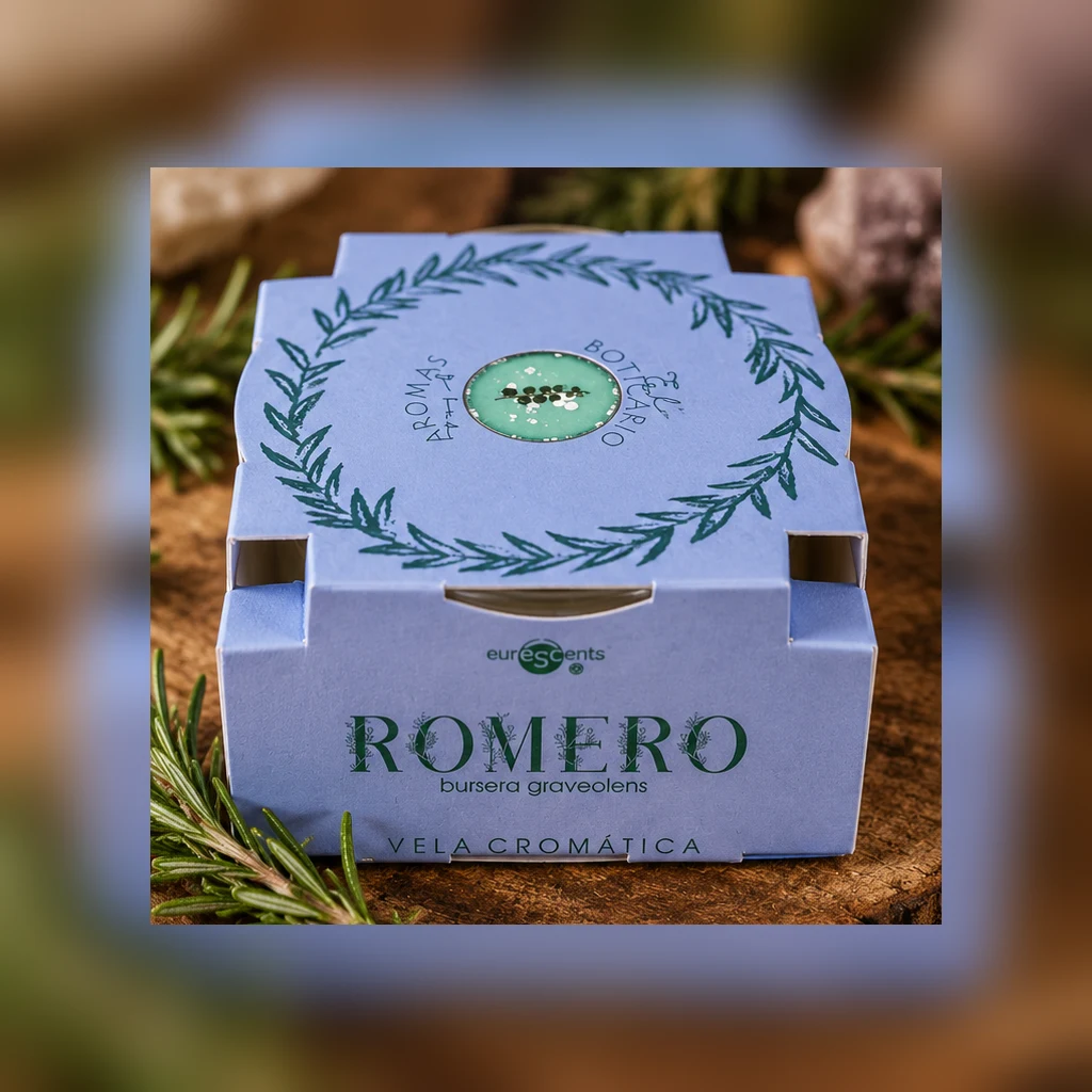 Vela Cromática de Romero Euroscents: vista frontal de la caja azul sobre una superficie de madera.