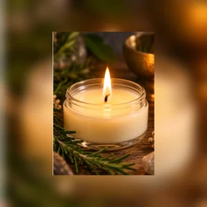 Vela Cromática de Romero: recipiente de cristal con la vela encendida y ramas decorativas alrededor.