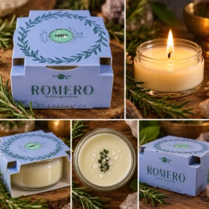 Vela Cromática de Romero Euroscents: collage con cinco vistas del envase y de la vela.