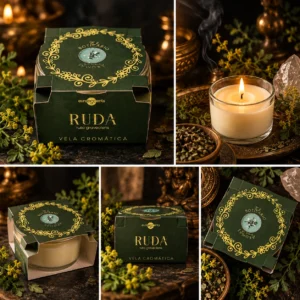 Vela Cromática de Ruda Euroscents: collage de cinco vistas del envase y de la vela en recipiente de cristal.