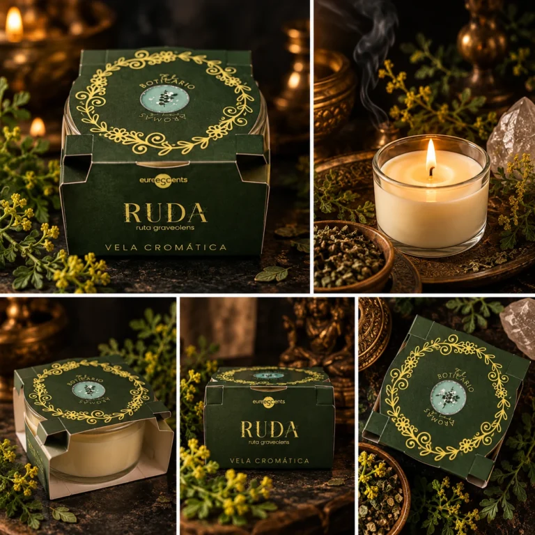 Vela Cromática de Ruda Euroscents: collage de cinco vistas del envase y de la vela en recipiente de cristal.