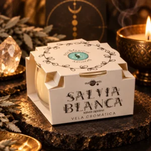 Vela Cromática de Salvia Blanca, detalle del lateral del recipiente y de la etiqueta frontal.