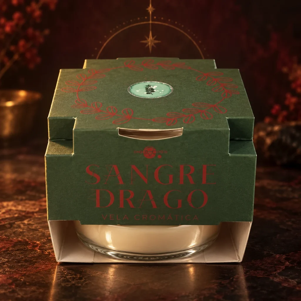 Vela Cromática de Sangre de Drago Euroscents: vista frontal del envase y del recipiente de cristal.