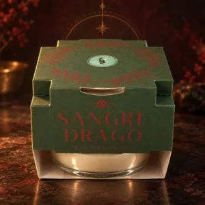 Vela Cromática de Sangre de Drago Euroscents: vista frontal del envase y del recipiente de cristal.