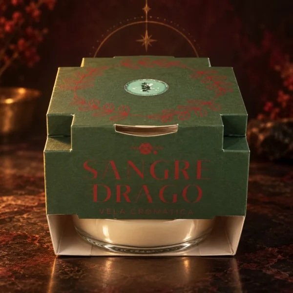 Vela Cromática de Sangre de Drago Euroscents: vista frontal del envase y del recipiente de cristal.
