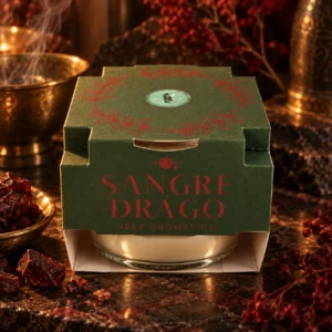 Vela Cromática de Sangre de Drago Euroscents: envase en una composición de tonos granate y dorado.
