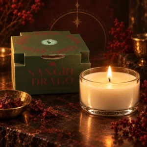 Vela Cromática de Sangre de Drago Euroscents: vela encendida fuera de su caja, con el envase detrás.