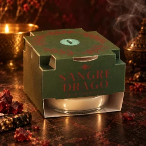 Vela Cromática de Sangre de Drago Euroscents: vista lateral del envase con iluminación cálida.