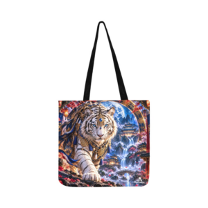 Tote bag El Guardián del Portal Lunar con tigre blanco y paisaje místico bajo la luna.