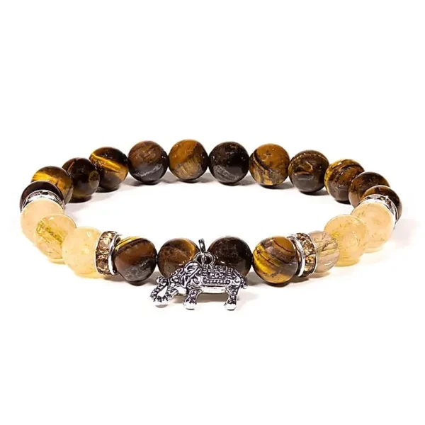 Pulsera de ojo de tigre y cuarzo rutilado con elefante, joya espiritual de protección y fuerza