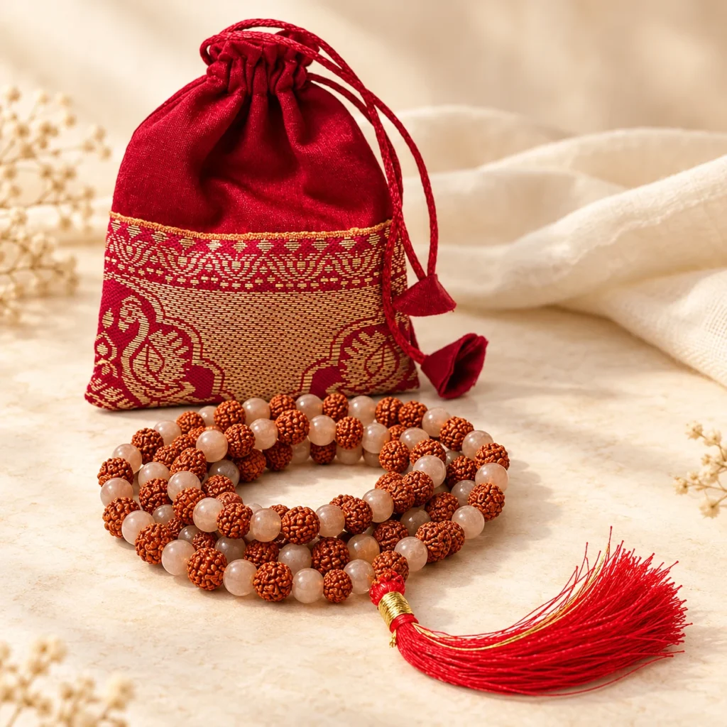 Imagen destacada del Mala de Piedra Lunar Melocotón y Rudraksha de 108 cuentas, con borla roja y bolsa granate de detalles dorados.