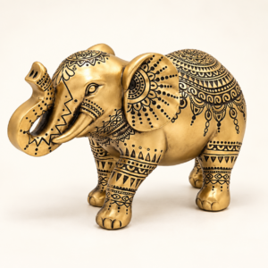 Elefante Dorado de la Prosperidad con acabado dorado y símbolos tradicionales de buena suerte.
