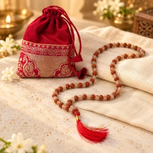 Mala de Piedra Lunar Melocotón y Rudraksha sobre tejido claro en un ambiente de meditación, acompañado de su bolsa roja y dorada.