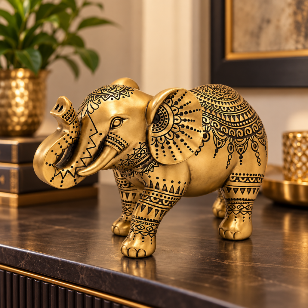 Elefante Dorado de la Prosperidad como decoración espiritual en un salón elegante.
