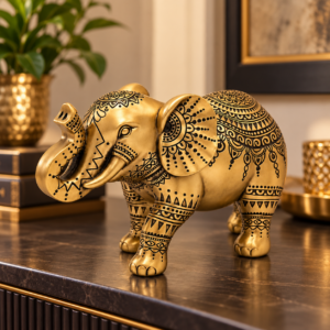 Elefante Dorado de la Prosperidad como decoración espiritual en un salón elegante.