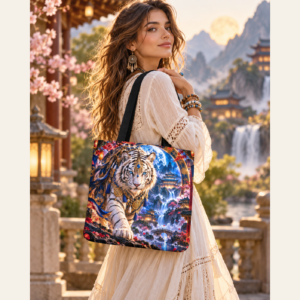 Mujer llevando la tote bag El Guardián del Portal Lunar en un jardín oriental.
