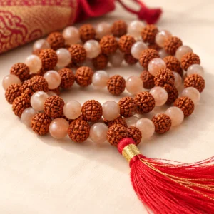 Detalle del Mala de Piedra Lunar Melocotón y Rudraksha con semillas rugosas, cuentas de piedra melocotón y borla roja.