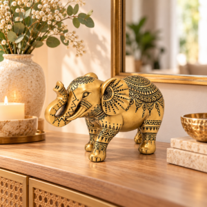 Elefante Dorado de la Prosperidad colocado en un recibidor como símbolo de armonía y abundancia.