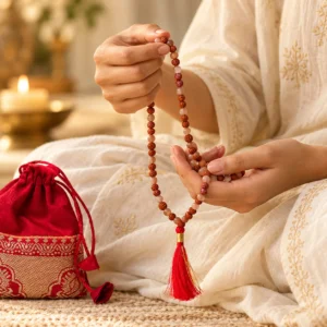 Uso del Mala de Piedra Lunar Melocotón y Rudraksha durante una meditación, con las cuentas sujetas entre las manos.