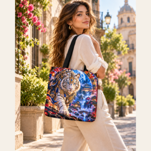 Tote bag de tigre blanco El Guardián del Portal Lunar combinada con ropa de calle.
