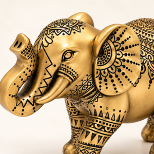 Primer plano del Elefante Dorado de la Prosperidad con relieves decorativos en cabeza y trompa.