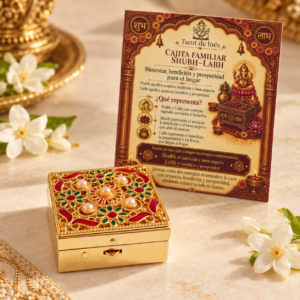 Cajita Familiar Shubh-Labh junto a su tarjeta informativa sobre Shubh, Labh y prosperidad para el hogar.