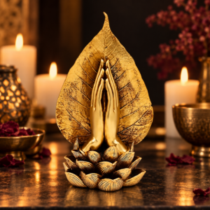 Figura Namasté Dorada en altar con velas, decoración espiritual para meditación