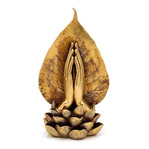 Figura Namasté Dorada con manos unidas, hoja de Bodhi y base de flor de loto